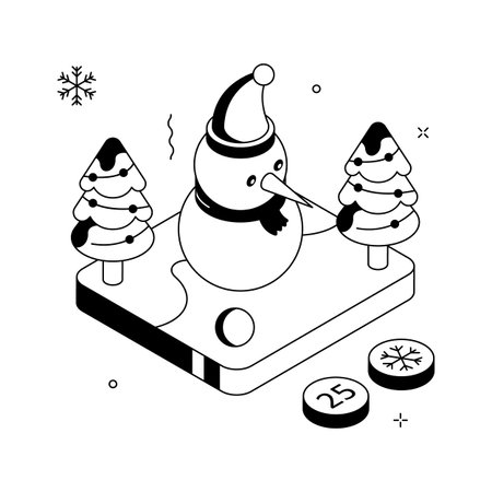Cute snowman with christmas trees, concept isometric illustrationのイラスト素材