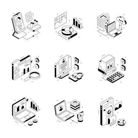 Take a look at this handy set of data analysis isometric illustrationsのイラスト素材