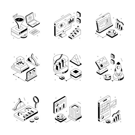 Creatively crafted data analysis isometric illustrations set