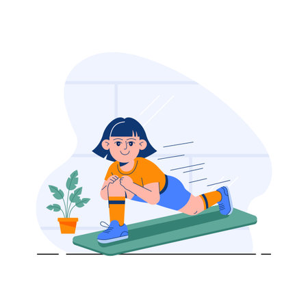 A visually appealing flat illustration of a woman performing mountain climber exercise for cardioのイラスト素材