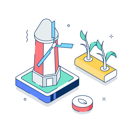 A captivating isometric illustration of windmill generating renewable farm energyのイラスト素材