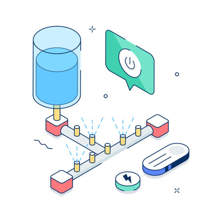 An editable isometric illustration of automated irrigation system for farmingのイラスト素材