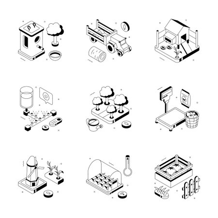 Collection of isometric farm illustrations featuring a tractor, greenhouse, silo, weighing scale, and barn, ideal for agriculture concepts.のイラスト素材