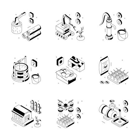 Trendy isometric illustrations depicting farming and agriculture elements, including pumps, wells, crops, and drones, in a clean, modern style.のイラスト素材