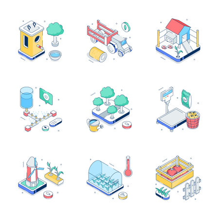 Collection of isometric farm illustrations featuring a tractor, greenhouse, silo, weighing scale, and barn, ideal for agriculture concepts.のイラスト素材