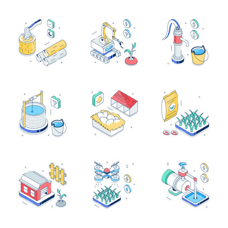 Trendy isometric illustrations depicting farming and agriculture elements, including pumps, wells, crops, and drones, in a clean, modern style.のイラスト素材