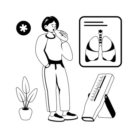 Illustration of a woman using spirometer for lungs health and breathing testのイラスト素材