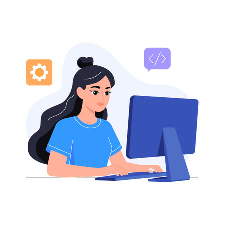 Flat illustration of web developer working on computer, ready for premium useのイラスト素材