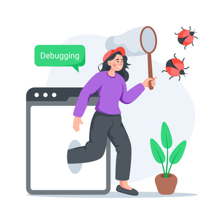 Modern flat illustration of a developer debugging software errorsのイラスト素材