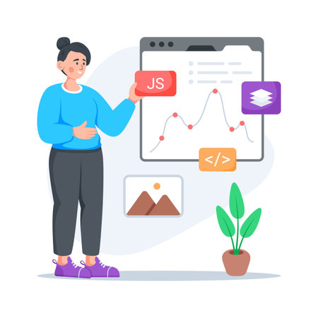 A handy flat illustration of javascript coding and performance analyticsのイラスト素材