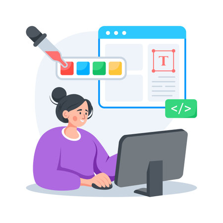 Flat illustration of a designer working on a computer, developing a website interface with color paletteのイラスト素材