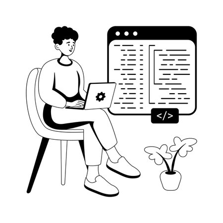 Modern glyph illustration of a web developer coding at a professional workspaceのイラスト素材