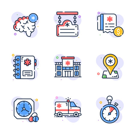 Set of outline design icons representing healthcare services and medical symbols for digital and print use.のイラスト素材