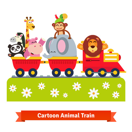 Animal train. Happy lion in locomotive and cheerful elephant, monkey, parrot, hippo, giraffe and panda in railroad cars. Flat style vector cartoon illustration isolated on white background.のイラスト素材