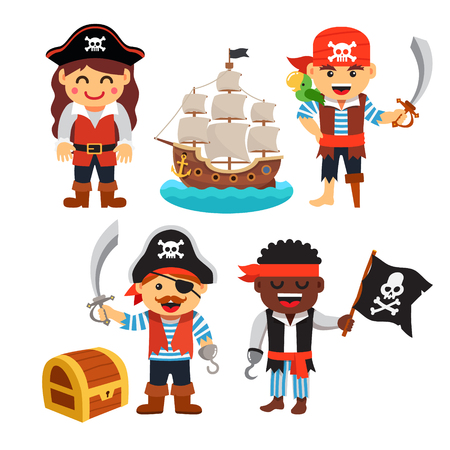 Pirate kids rascals, girls and boys, in hats and bandanas with treasure chest, black flag and ship. Flat style vector cartoon illustration isolated on white background.のイラスト素材