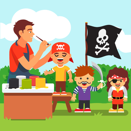 Pirate costume and painting party in kindergarten. Teacher painting kids face. Vector flat style isolated cartoon illustration.のイラスト素材