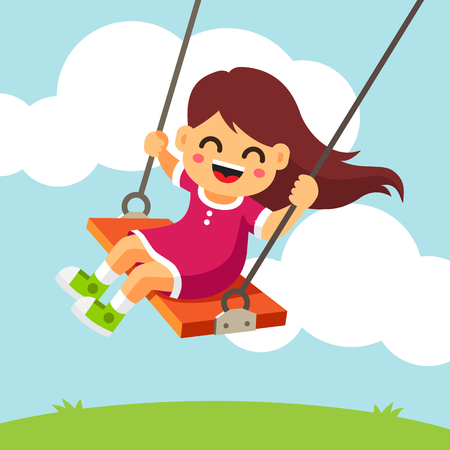 Swinging kid. Happy smiling girl with flying in the wind hair on a swing. Vector flat style isolated cartoon illustration.のイラスト素材