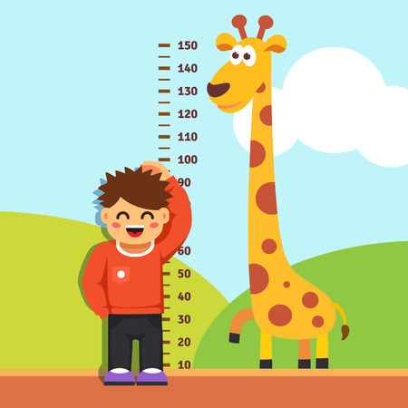 Boy kid is measuring his height with painted graduations on the kindergarten wall. Vector flat style isolated cartoon illustration.