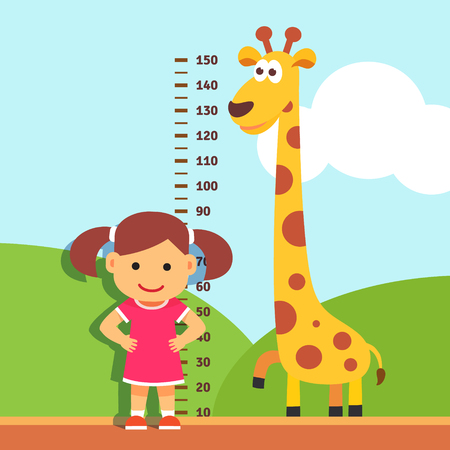 Girl is measuring her height with painted graduations on the kindergarten wall. Vector flat style isolated cartoon illustration.