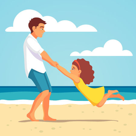 Father playing with his child daughter on the beach. Spinning her holding hands. Vector flat style isolated cartoon illustration.