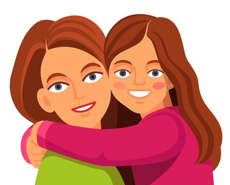Mother and her daughter hugging and smiling face to each other. Flat style vector cartoon illustration isolated on white background.のイラスト素材
