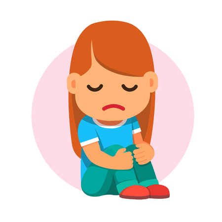 Sad girl sitting and unhappily hugging her knees. Flat style vector cartoon illustration isolated on white background.のイラスト素材