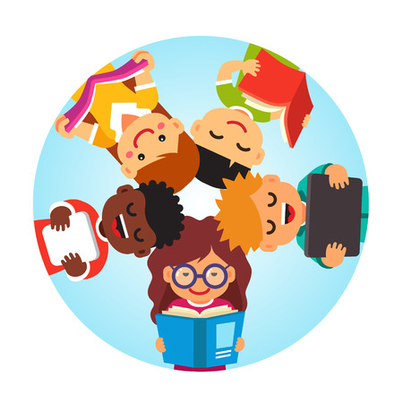 Kids reading laying on the back in circle head to head. Education together concept. Flat style vector cartoon illustration isolated on white background.のイラスト素材