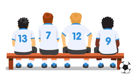 Football soccer sport team sitting on a bench. Flat style vector cartoon illustration isolated on white background.