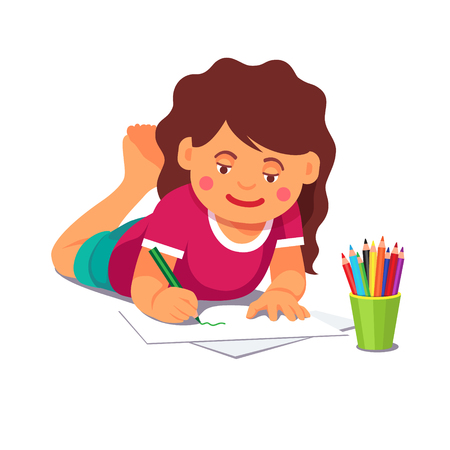 Girl drawing and colouring with pencils while lying on the floor. Flat style vector cartoon illustration isolated on white background.のイラスト素材