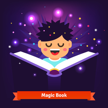 Boy kid reading magic spell book. It glows with light, shining stars and sparkles. Flat style vector cartoon illustration isolated on dark background.のイラスト素材