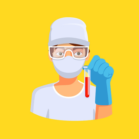 Doctor or medical lab worker holding test tube with blood in hand. Flat style vector illustration isolated on yellow background.のイラスト素材