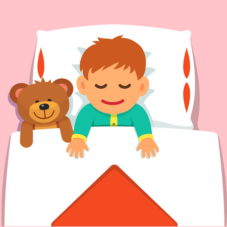 Baby boy sleeping with his plush teddy bear toy. Flat style vector cartoon illustration isolated on pink background.のイラスト素材