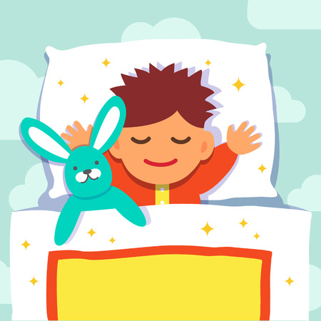 Baby boy sleeping with his rabbit toy. Flat style vector cartoon illustration isolated on white background.のイラスト素材