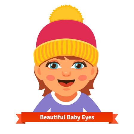 Newborn baby girl in pink hat smiling and watching with her blue eyes. Flat style vector cartoon illustration isolated on white background.のイラスト素材