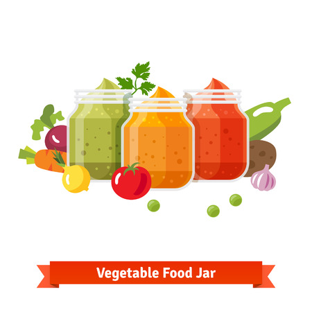 Vegetable food jars. Baby puree. Flat style vector cartoon illustration isolated on white background.のイラスト素材