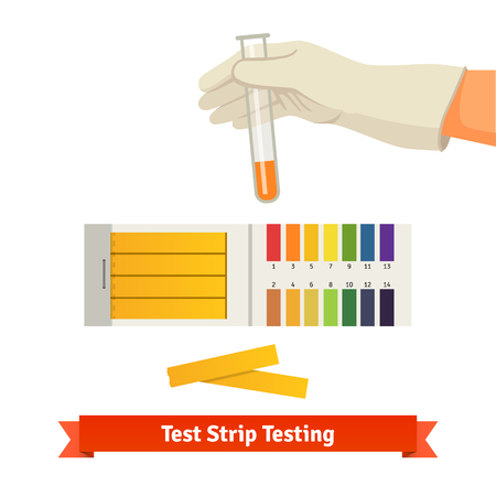 Hand holding test tube with pH indicator comparing color to scale and litmus strips for measurement of acidity. Flat style vector illustration isolated on white background.のイラスト素材