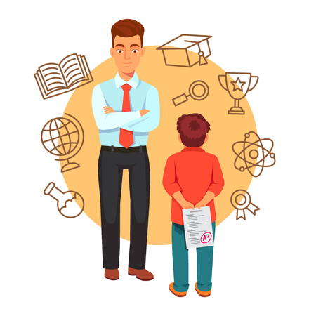 Boy son holding a plus grade exam test paper behind his back wanting to surprise his father. Parenting and education concept with icons. Flat style vector illustration isolated on white background.のイラスト素材