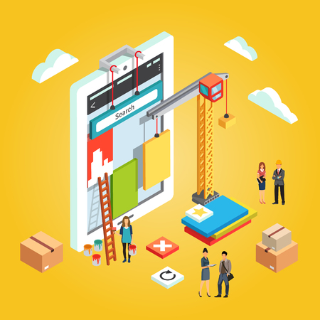 Team of app engineers and their leader building mobile web app ux interface. Application development concept. Flat stylized 3d isometric vector illustration isolated on yellow background.のイラスト素材