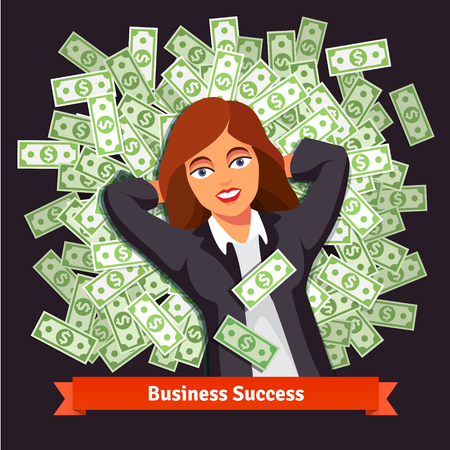 Business woman in suite lying on a bed pile of green dollar cash. Success and wealth concept. Flat style vector illustration isolated on black background.のイラスト素材