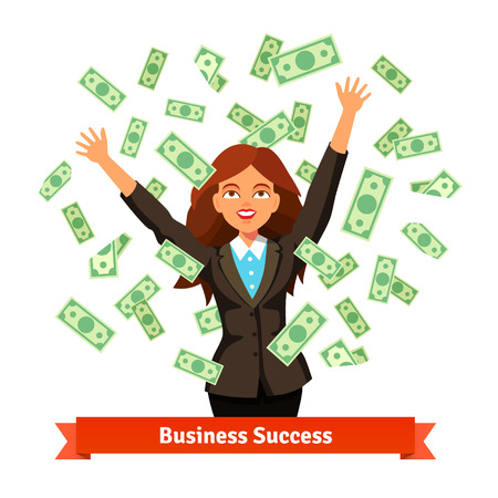Woman throwing green dollar cash money in the air or standing in the banknote rain. Flat style vector illustration isolated on white background.のイラスト素材