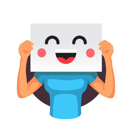 Woman holding a happy smiling face emoticon with two hands in front of her head. Flat style vector illustration isolated on white background.のイラスト素材