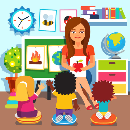 Kindergarten teacher woman teaching kids new words with picture cards. Children studying in classroom. Flat style cartoon vector illustration with isolated objects.のイラスト素材
