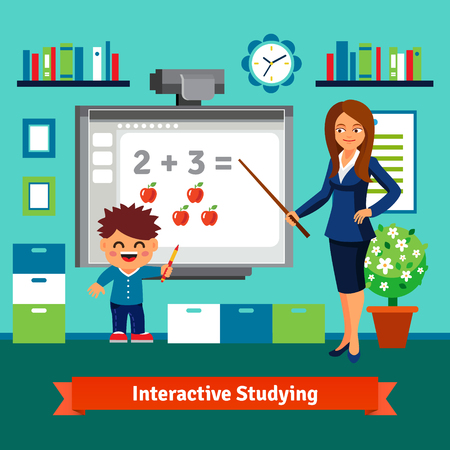 Kindergarten teacher woman teaching boy elementary mathematics with an interactive board. Private tutor studying. Flat style cartoon vector illustration with isolated objects.のイラスト素材