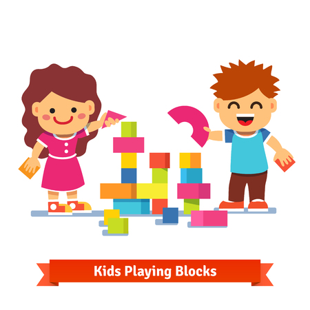 Kids, boy and girl building tower with colorful wooden blocks. Flat style cartoon vector illustration isolated on white background.のイラスト素材