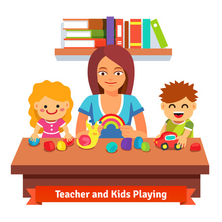 Kindergarten teacher making plasticine figures with kids. Preschool learning and education. Flat style cartoon vector illustration isolated on white background.のイラスト素材