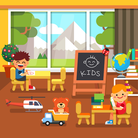 Modern kindergarten playroom with great mountains view in the window. Kids sitting and playing in the classroom. Flat style cartoon vector illustration with isolated objects. Modern kindergarten playroom with great mountains view in the window. Kids sitting and playing in the classroom. Flat style cartoon vector illustration with isolated objects.