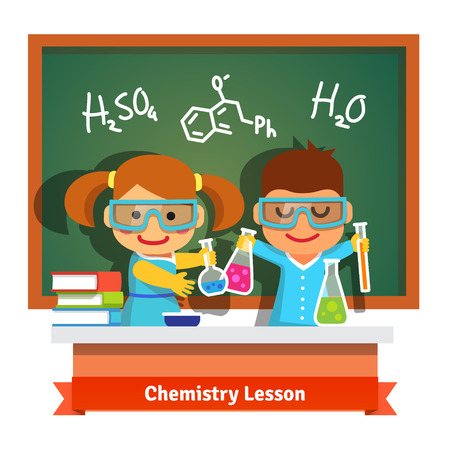 Kids having fun at chemistry lesson making experiment at the desk and chalkboard with formulas. Flat style cartoon vector illustration isolated on white background.のイラスト素材