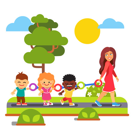 Kindergarten teacher walking with kids outdoors on a walk a ring. Flat style cartoon vector illustration isolated on white background.のイラスト素材