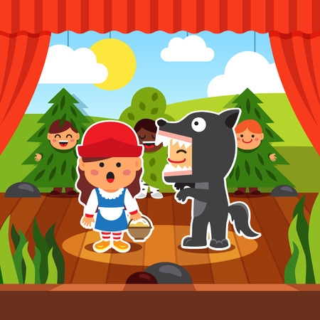 Kindergarten theatre play. Kids staging Little Red Riding Hood in costumes. Wolf and Red Hood on the boards accompanied by boy trees. Flat style cartoon vector illustration with isolated objects.のイラスト素材