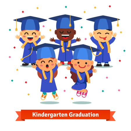 Kindergarten graduation party. Kids in mortar boards and gowns jumping and having fun. Flat style cartoon vector illustration isolated on white background.のイラスト素材